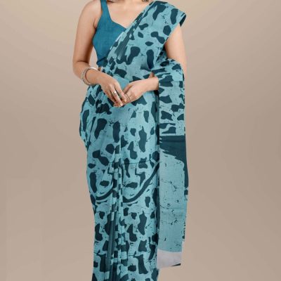 beautiful blue Printed Pure Cotton Mulmul Saree