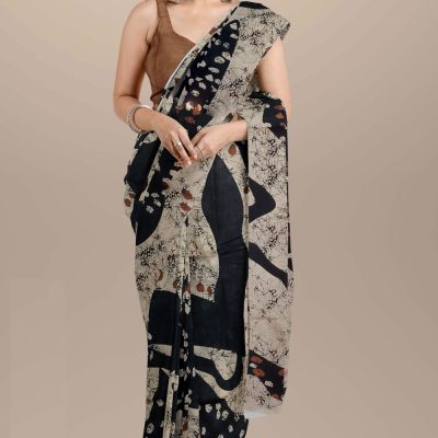 black color hand Printed pure Cotton Mulmul Saree