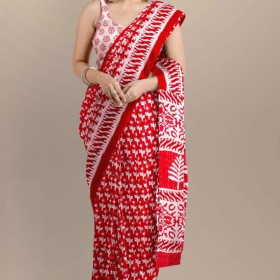 red hand Printed pure Cotton Mulmul Saree